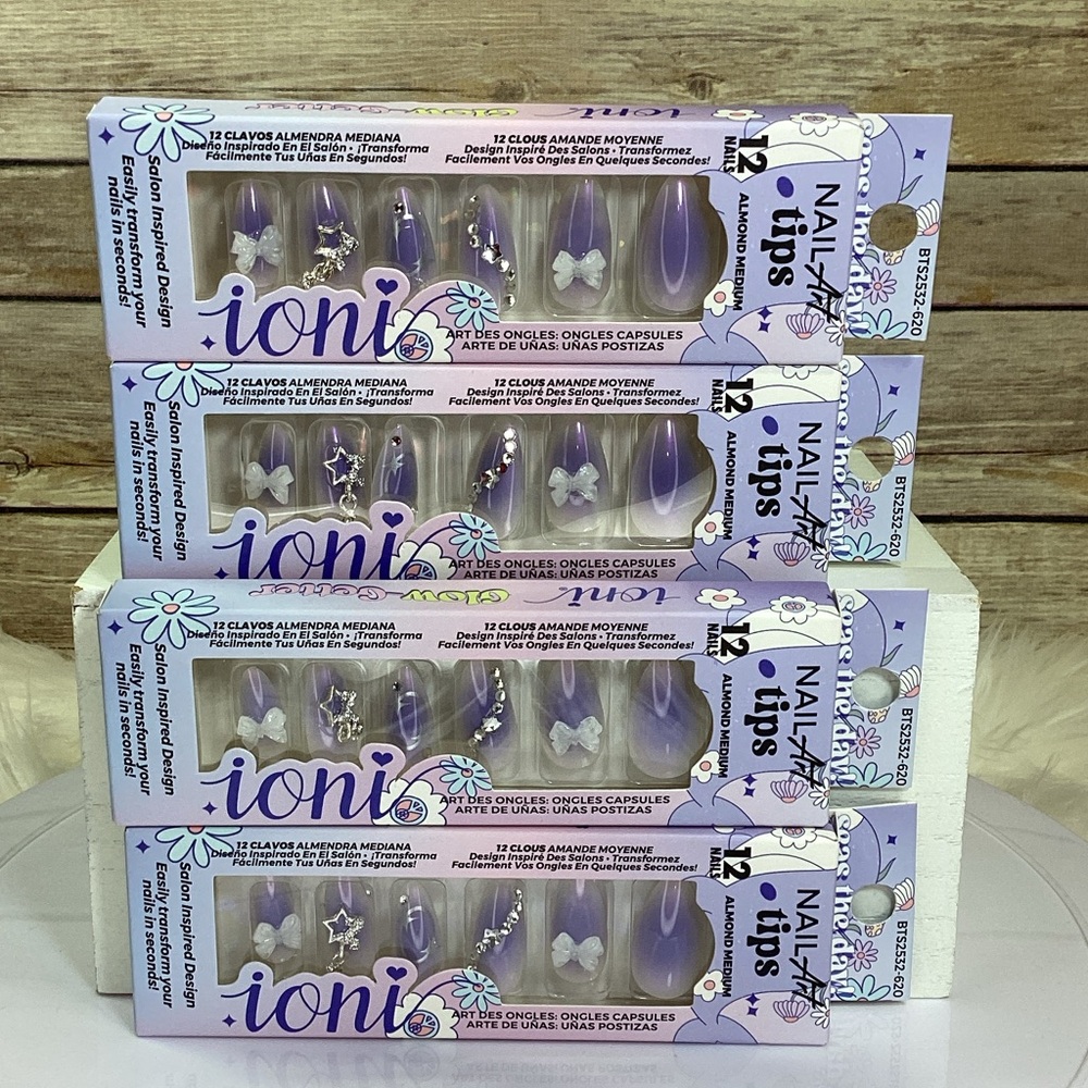 Ioni Purple Nail Tips with Bow & Gem Accents